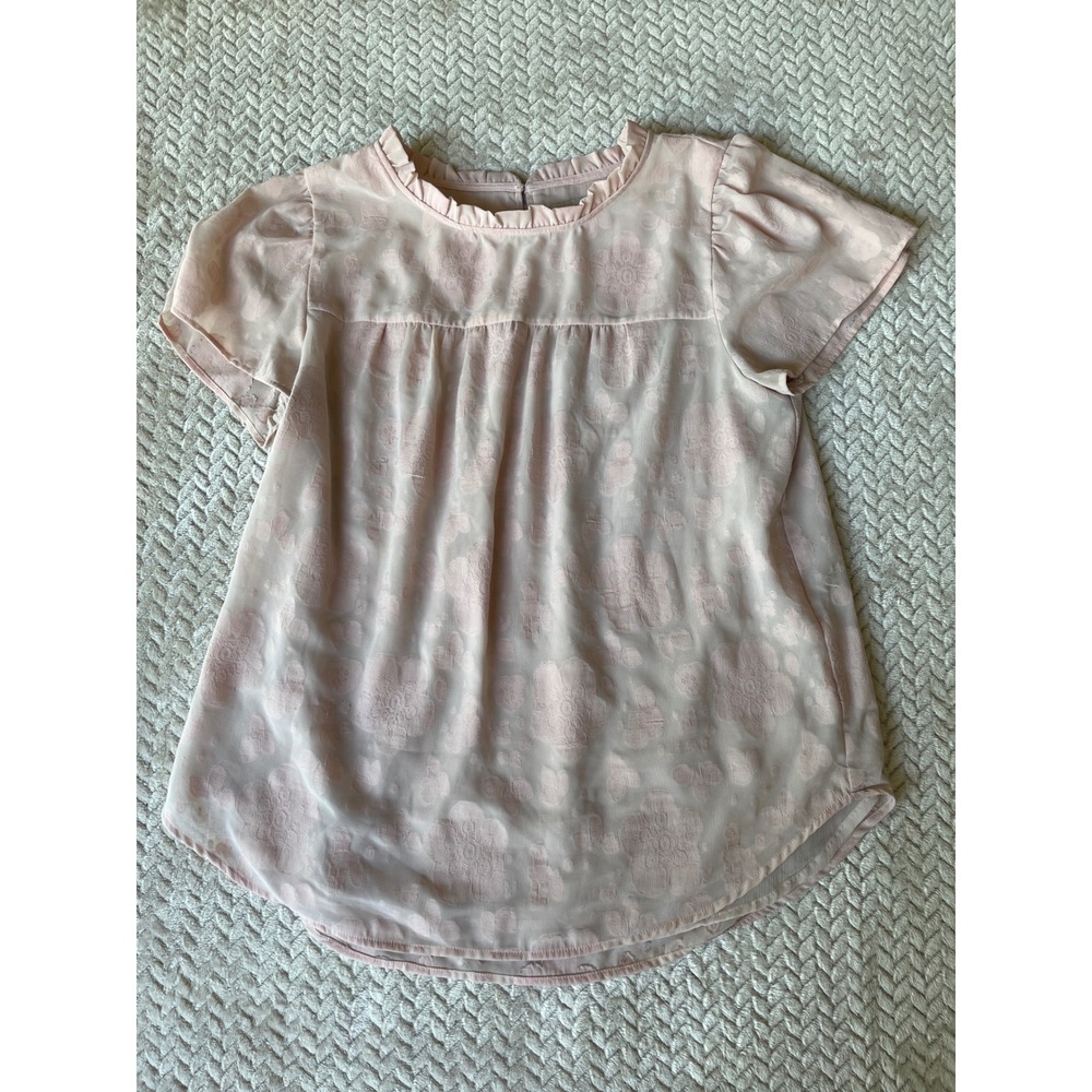 Loft Pink Floral Jacquard Ruffle Neck Blouse Short Sleeve Top Large
